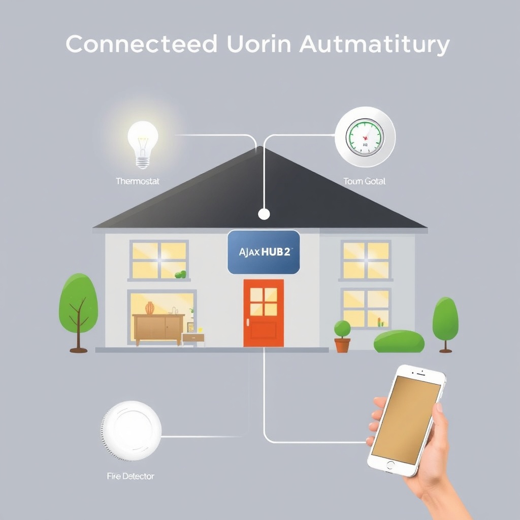 An illustration showing three connected home automation scenarios: a house with an Ajax Hu