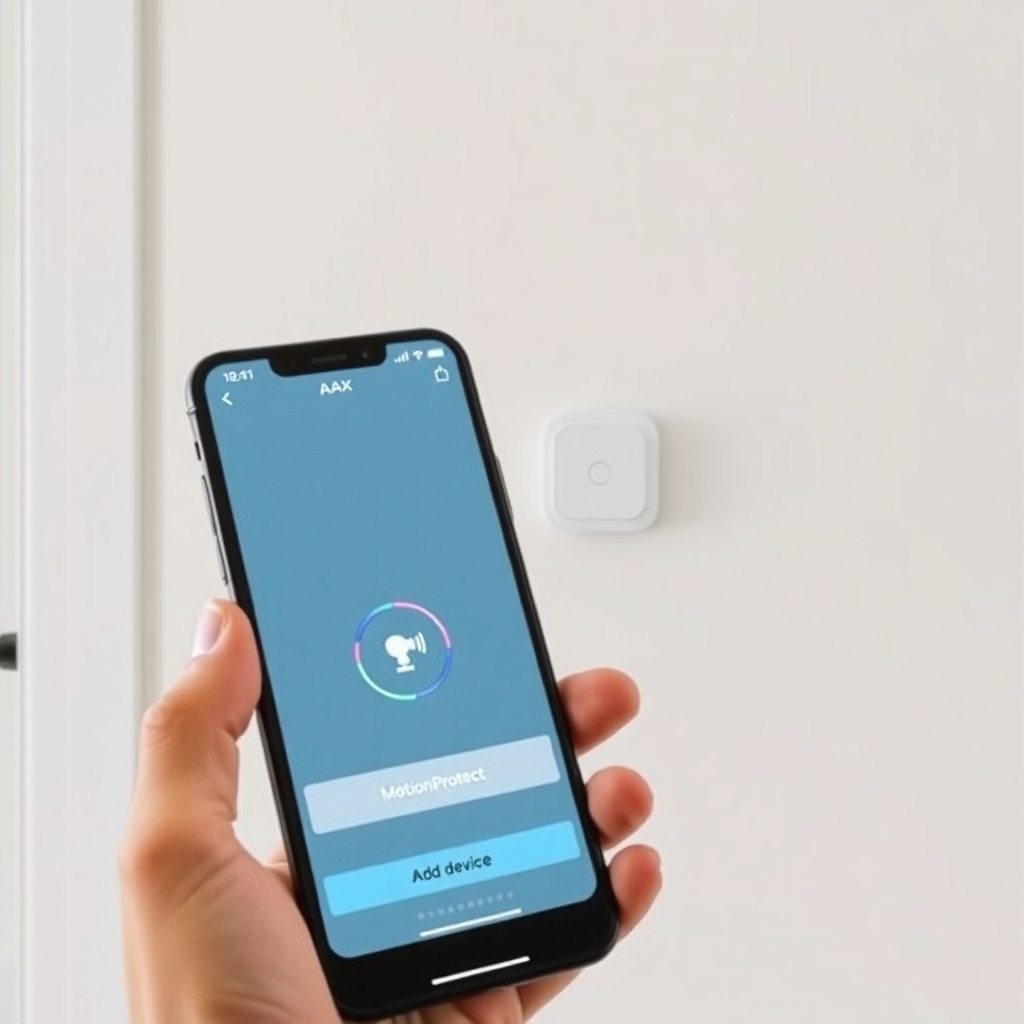A photo of a person’s hand holding an Ajax MotionProtect sensor near the Hub 2 on a wall