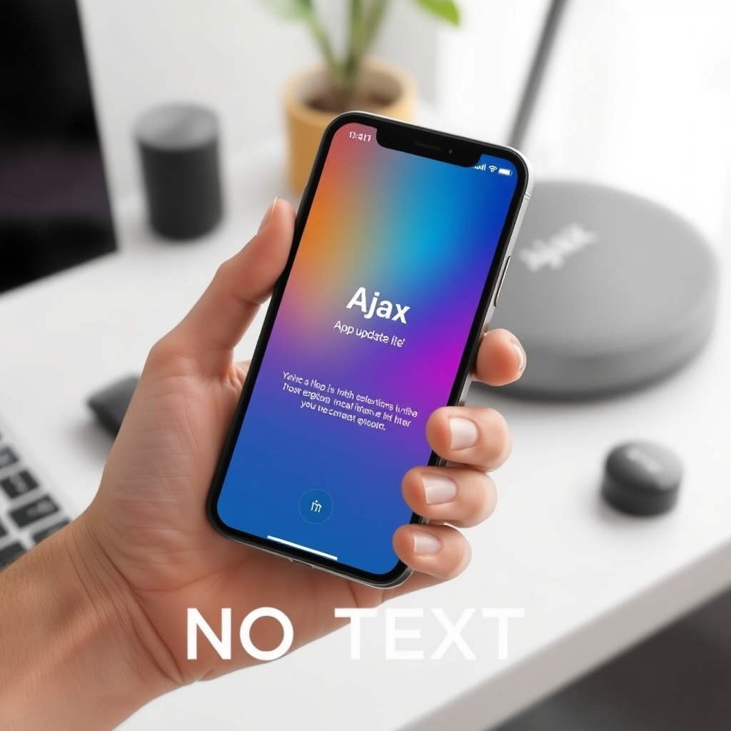 A photorealistic photo of a person's hand holding a smartphone showing the Ajax app update