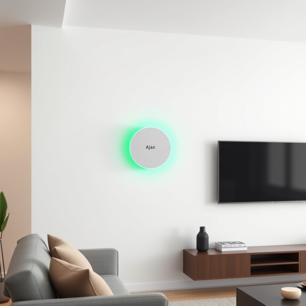 A clean photorealistic photo of Ajax Hub 2 mounted on a wall in a modern living room