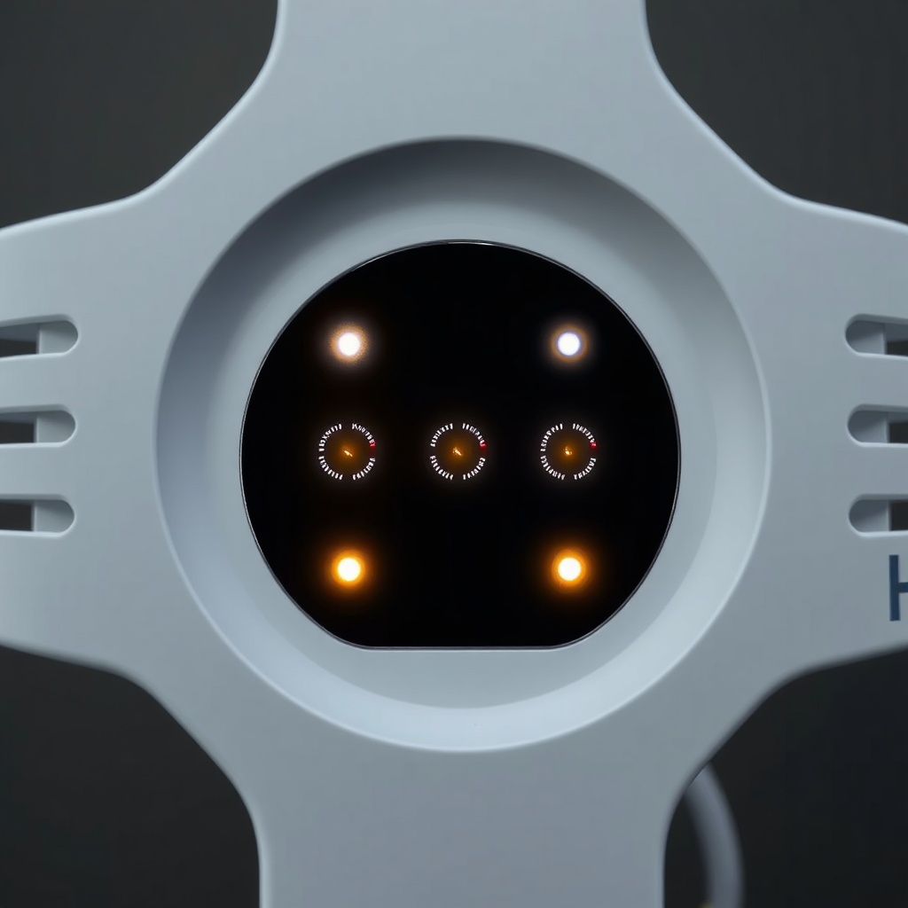 A photorealistic close-up of the Ajax Hub 2's LED panel showing dimmed lights to indicate