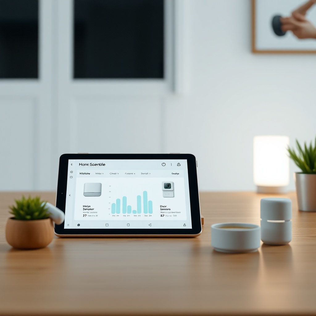 <clean photorealistic photo/illustration of a home automation dashboard showing a night mo