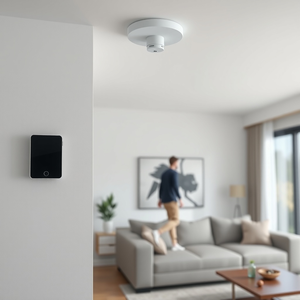 <clean photorealistic photo of a modern living room with Ajax Systems Hub 2 mounted on a w