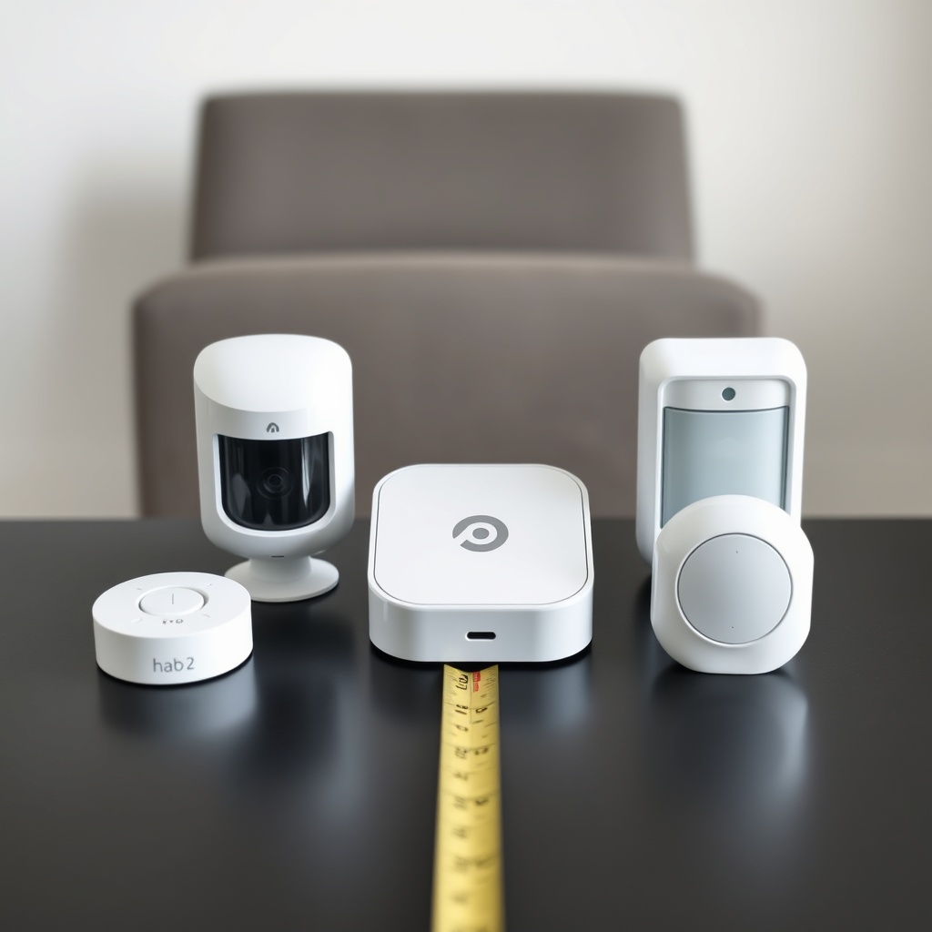<clean photorealistic photo of a home security setup with three different Ajax motion sens