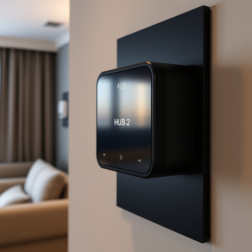 A photorealistic close-up of the Ajax Systems Hub 2 mounted on a wall in a living room