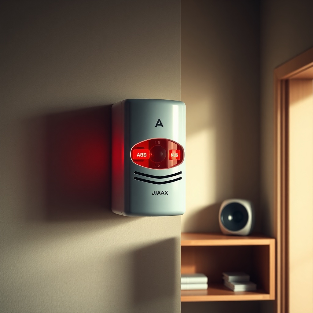 A photorealistic image of an Ajax siren mounted on a wall in a hallway