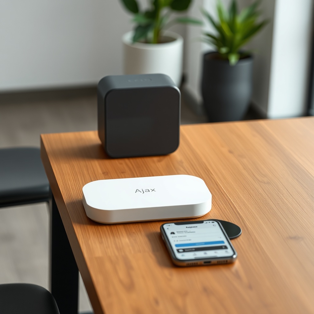 A clean photorealistic photo of Ajax Systems Hub 2 placed on a modern wooden table
