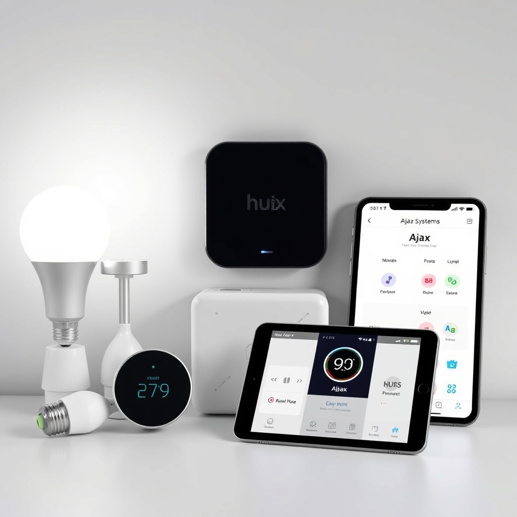 A clean photorealistic setup of Ajax Systems Hub 2 integrated with smart home devices like