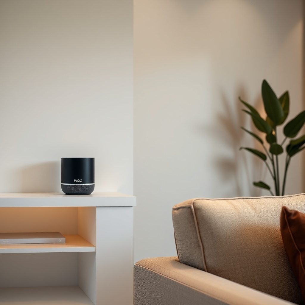 <clean photorealistic photo of a modern living room with Ajax Systems Hub 2 on a shelf
