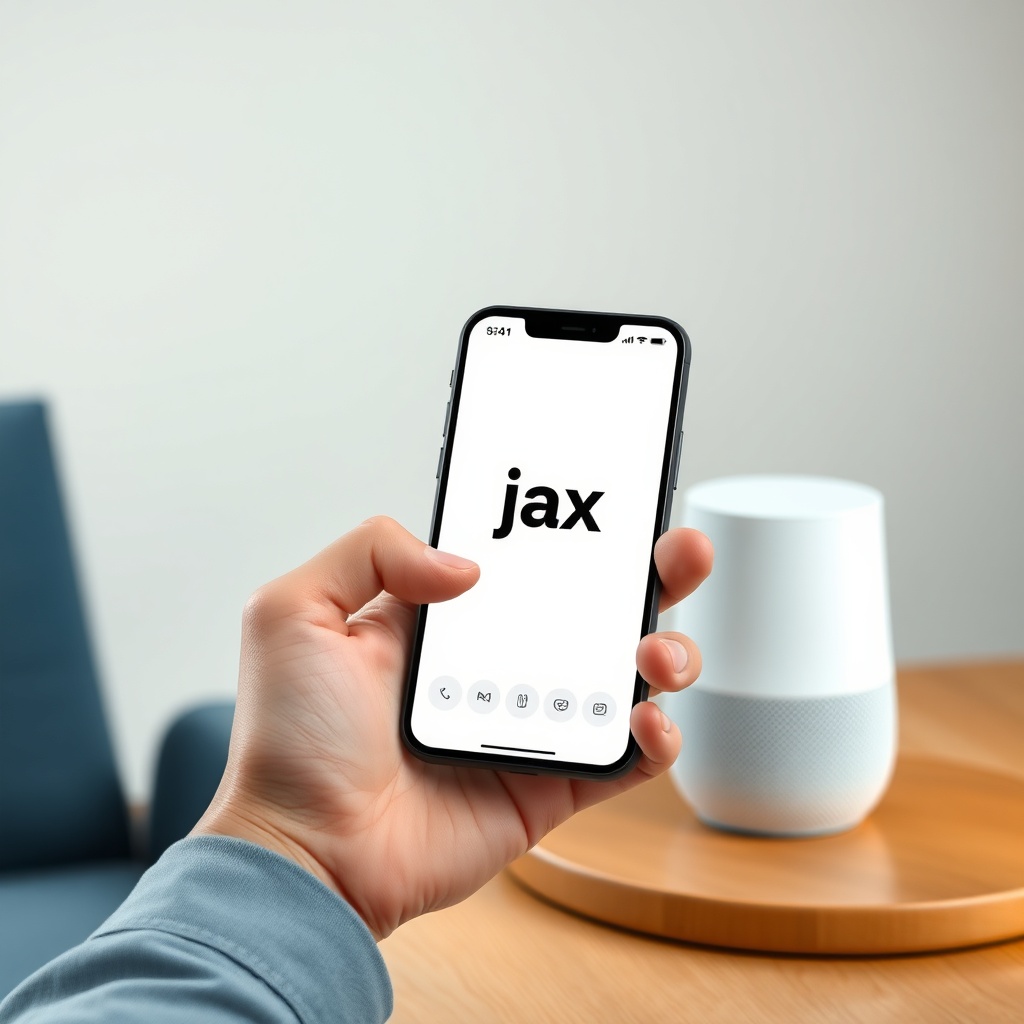 <clean photorealistic photo of a hand holding a smartphone showing Ajax app