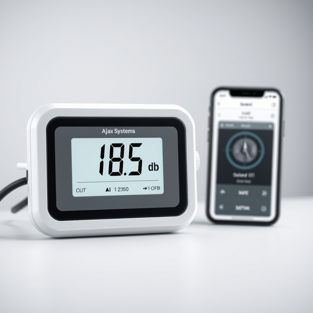 Ajax Systems Hub 2 displaying a digital decibel meter reading 105 dB during a siren test