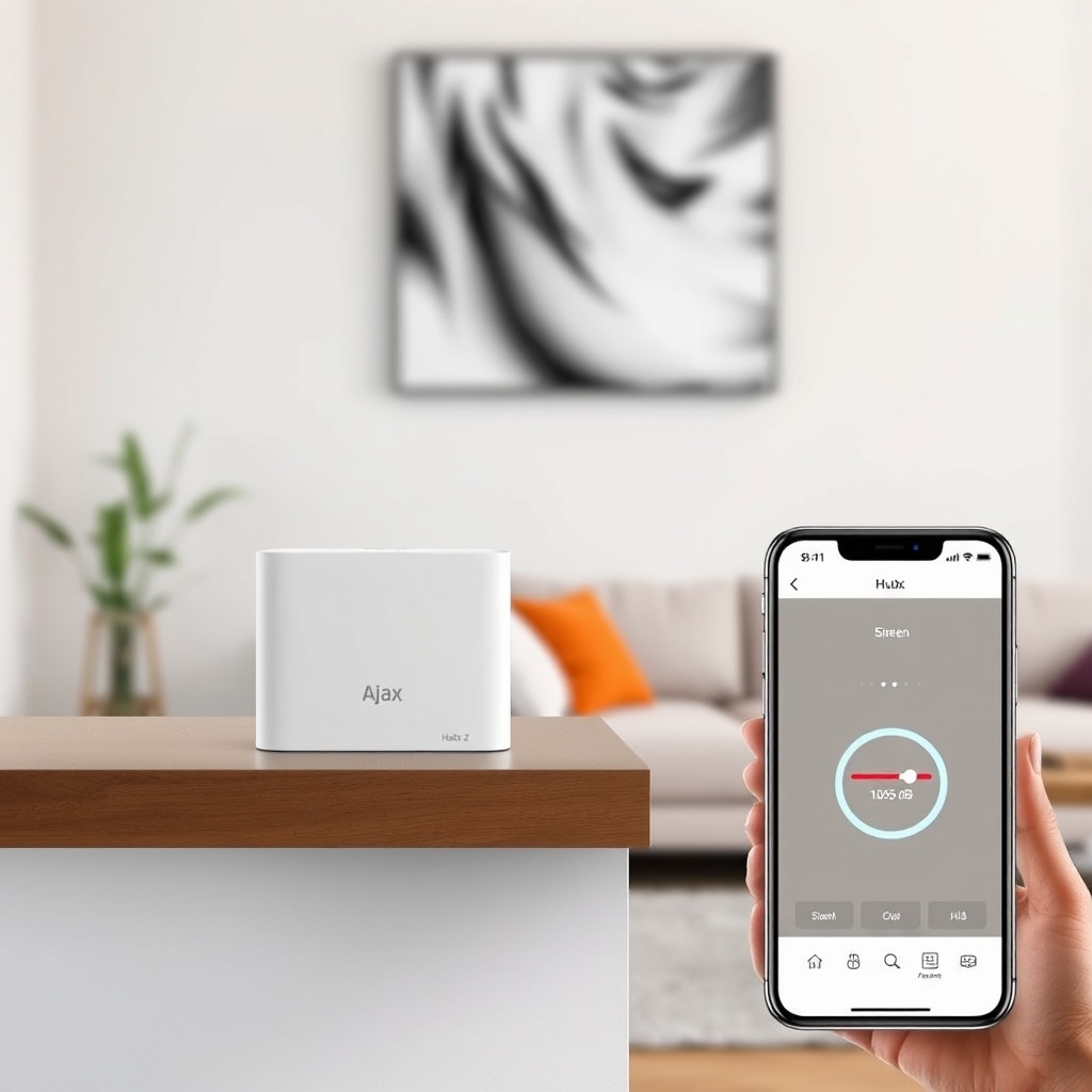 A clean photorealistic photo of a modern living room with the Ajax Systems Hub 2 on a shel