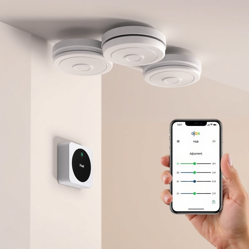 <clean photorealistic photo/illustration of an Ajax Systems Hub 2 mounted on a wall