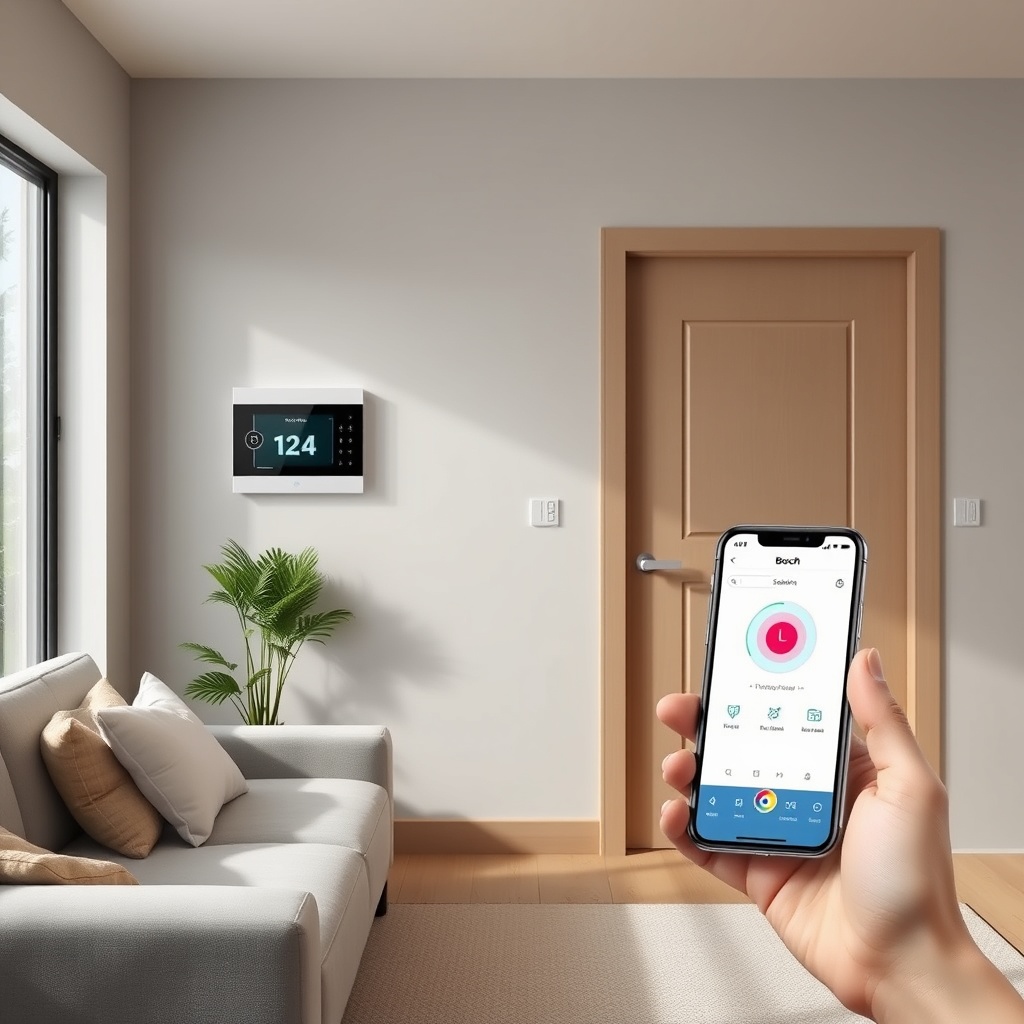 <clean photorealistic photo/illustration of a modern smart home living room with a Bosch S