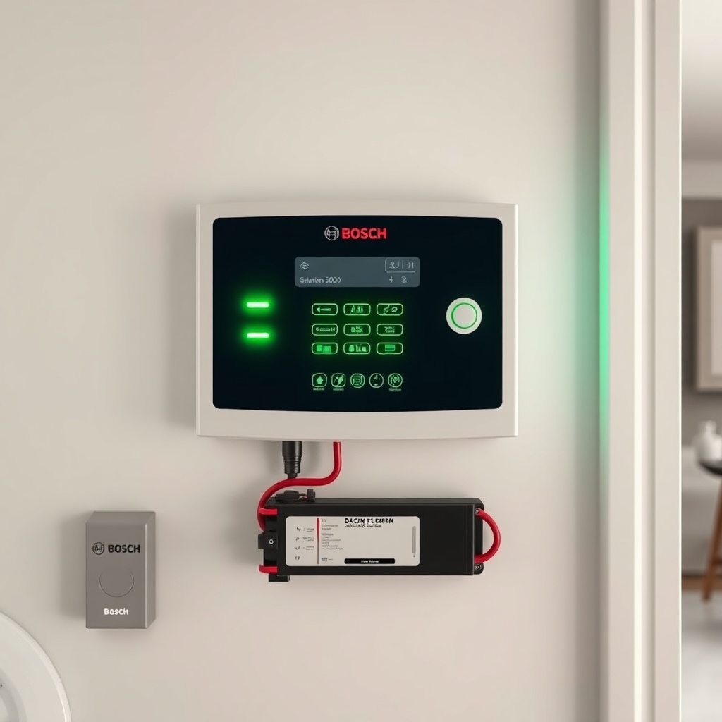 <A clean photorealistic photo of a Bosch Solution 3000 alarm panel mounted on a wall with