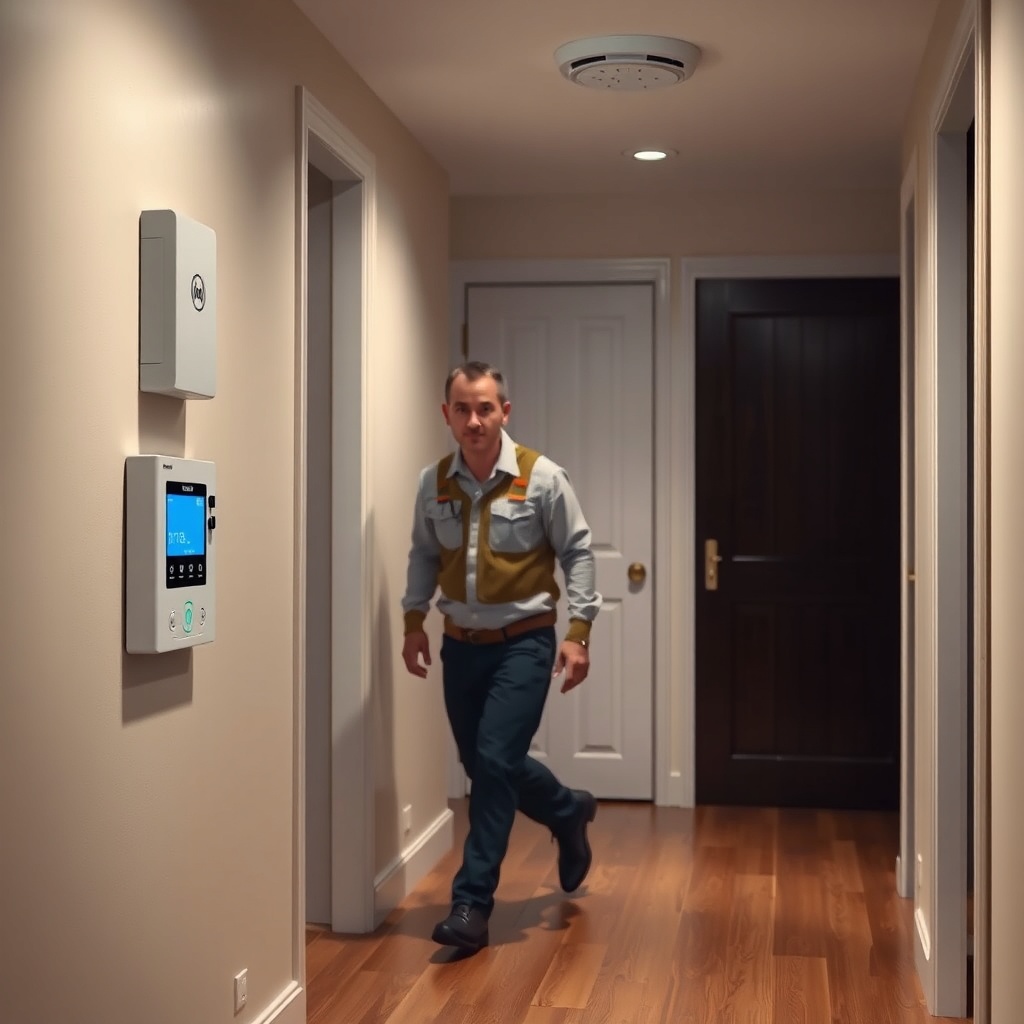 <A clean photorealistic photo of a technician testing a Bosch PIR motion detector by walki