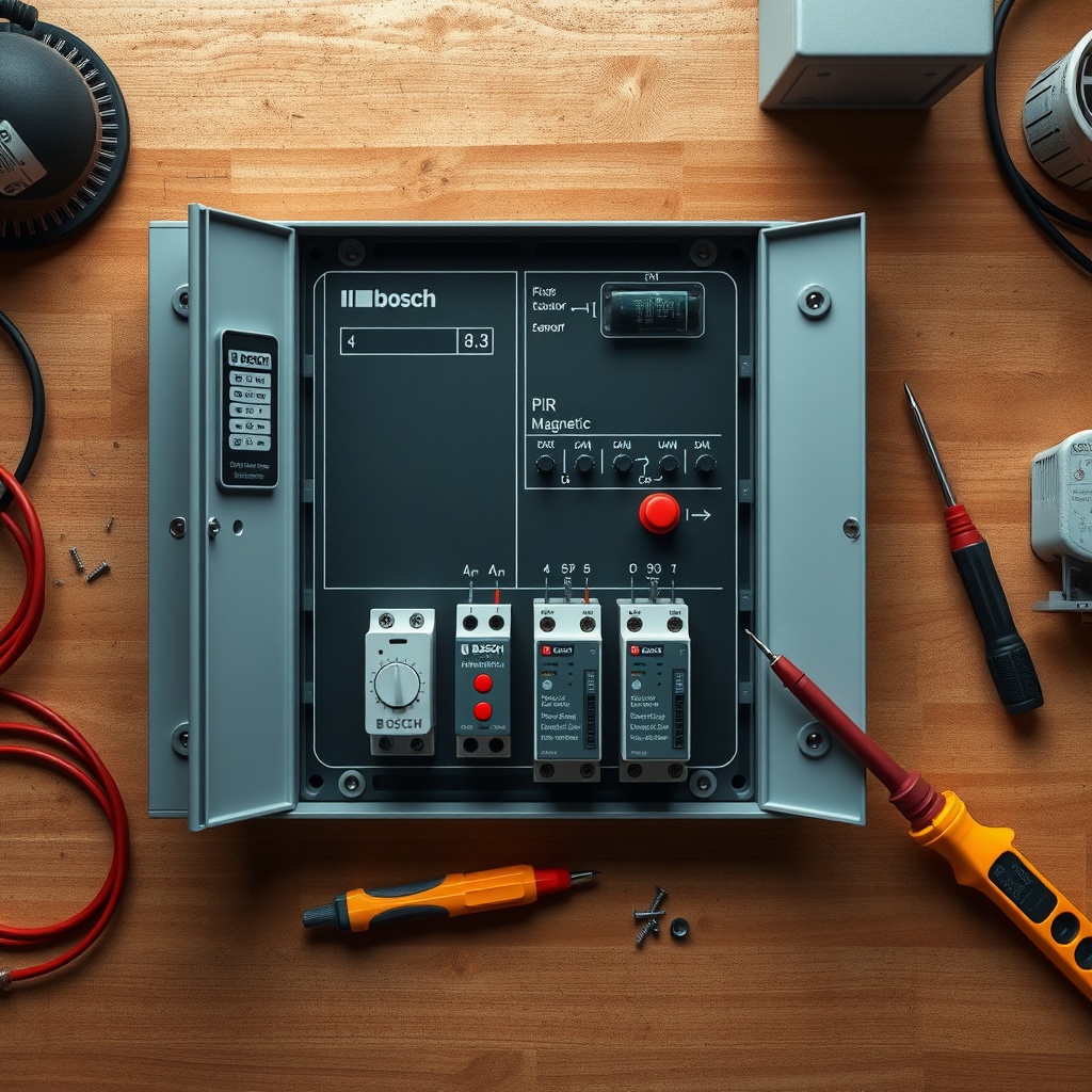 A photorealistic top-down view of a workbench with a Bosch Solution 3000 panel open