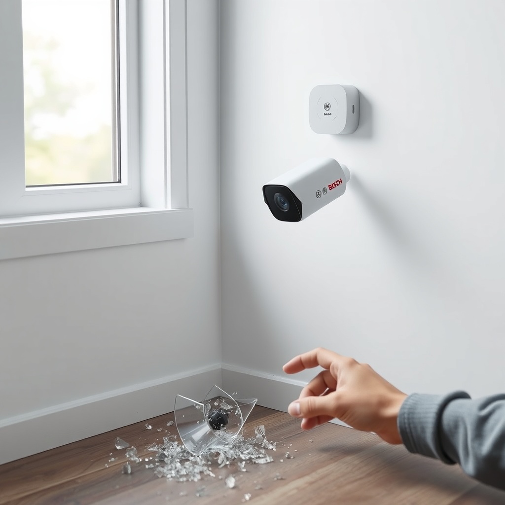 A realistic photo showing a Bosch DS-9370 cam kırılma dedektörü mounted on a white wall ne