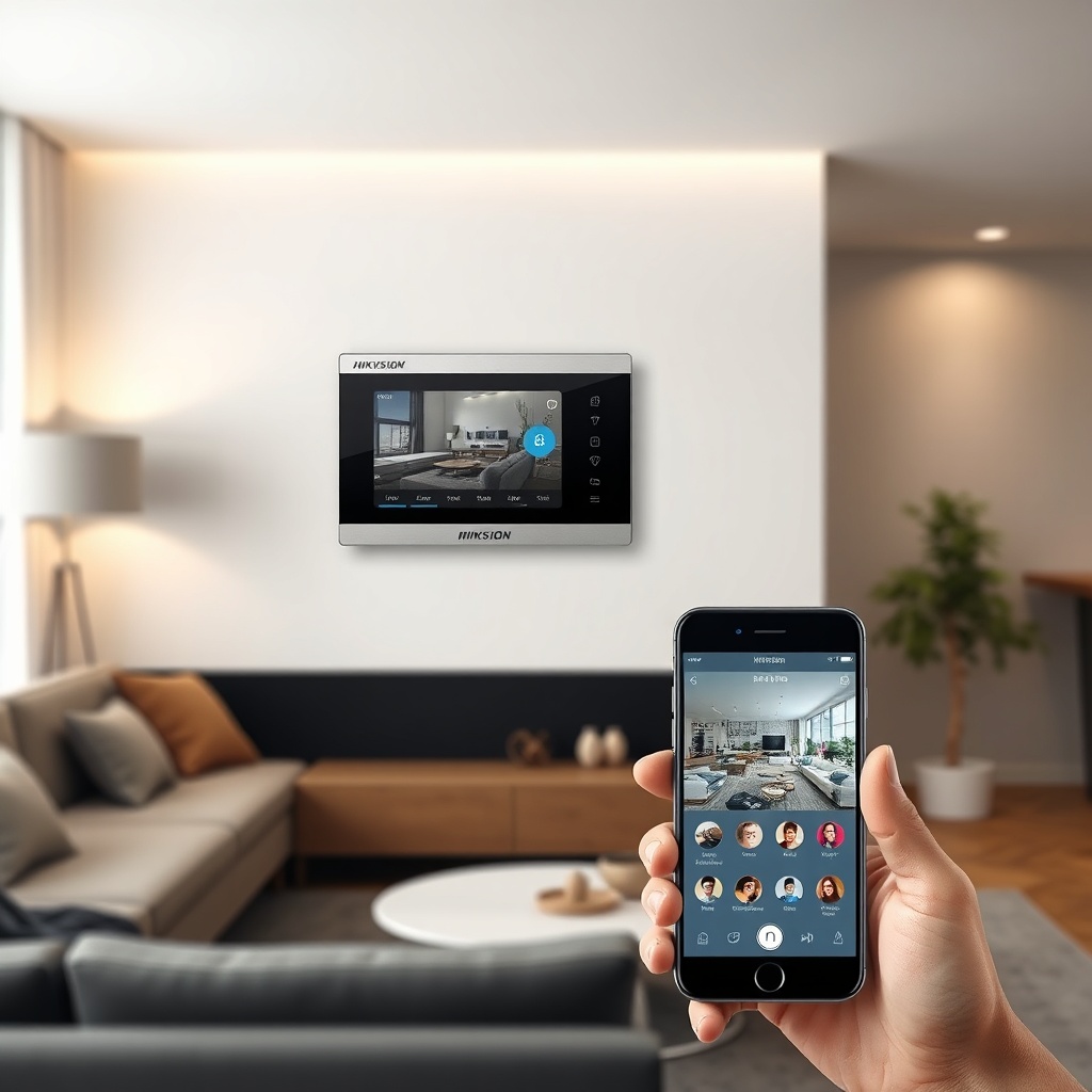 A photorealistic photo of a Hikvision DS-PWA32 control panel mounted on a wall in a modern