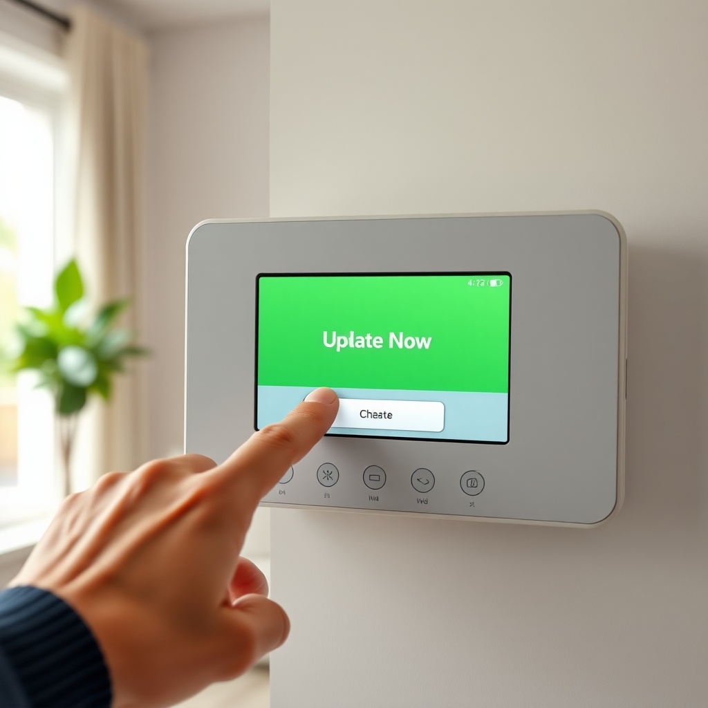 A photorealistic photo of a home security alarm panel screen showing a software update not