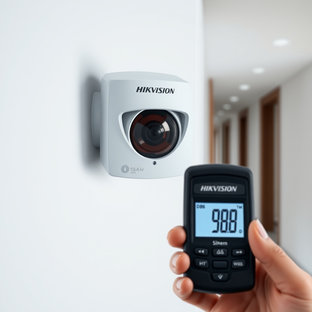 A photorealistic close-up of a Hikvision DS-PWA32 siren mounted on a white wall in a hallw
