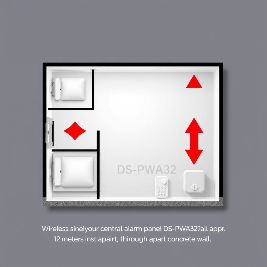 A clean illustration showing a house floor plan with red arrows indicating the wireless si