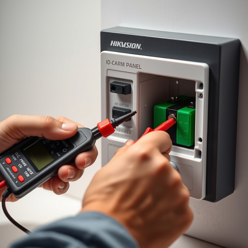 A close-up photorealistic photo of a technician's hand using a multimeter probes on the 12