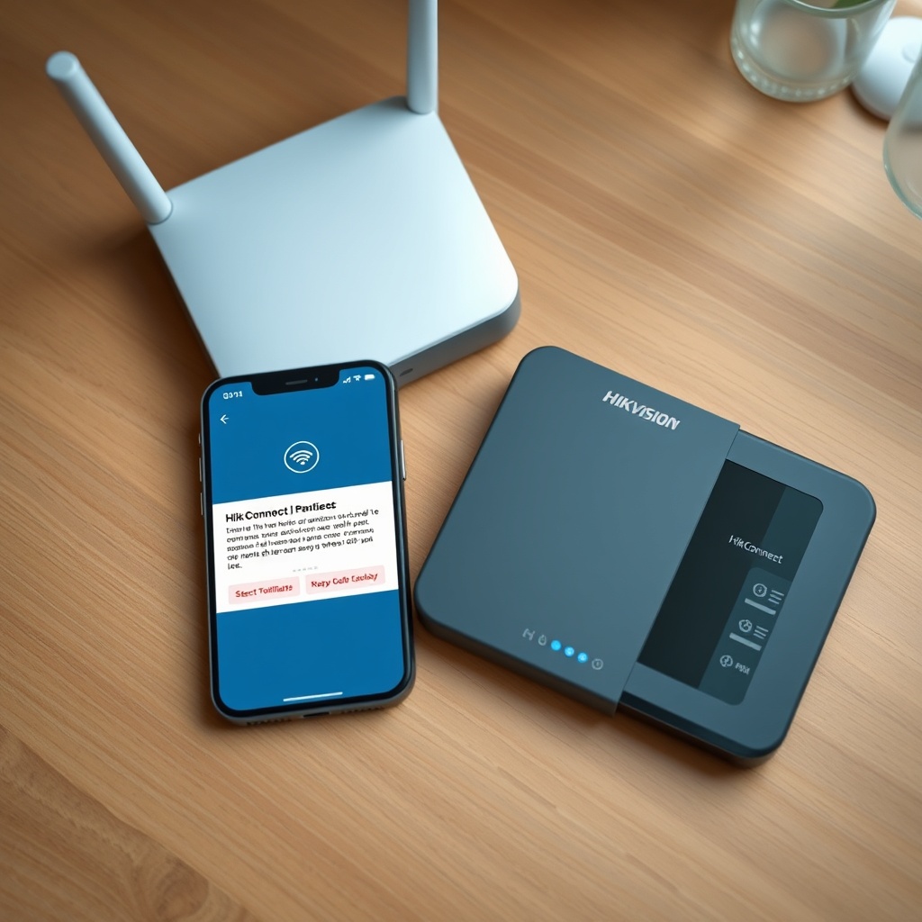 A photorealistic top-down photo of a smartphone showing a Hik-Connect notification alert o